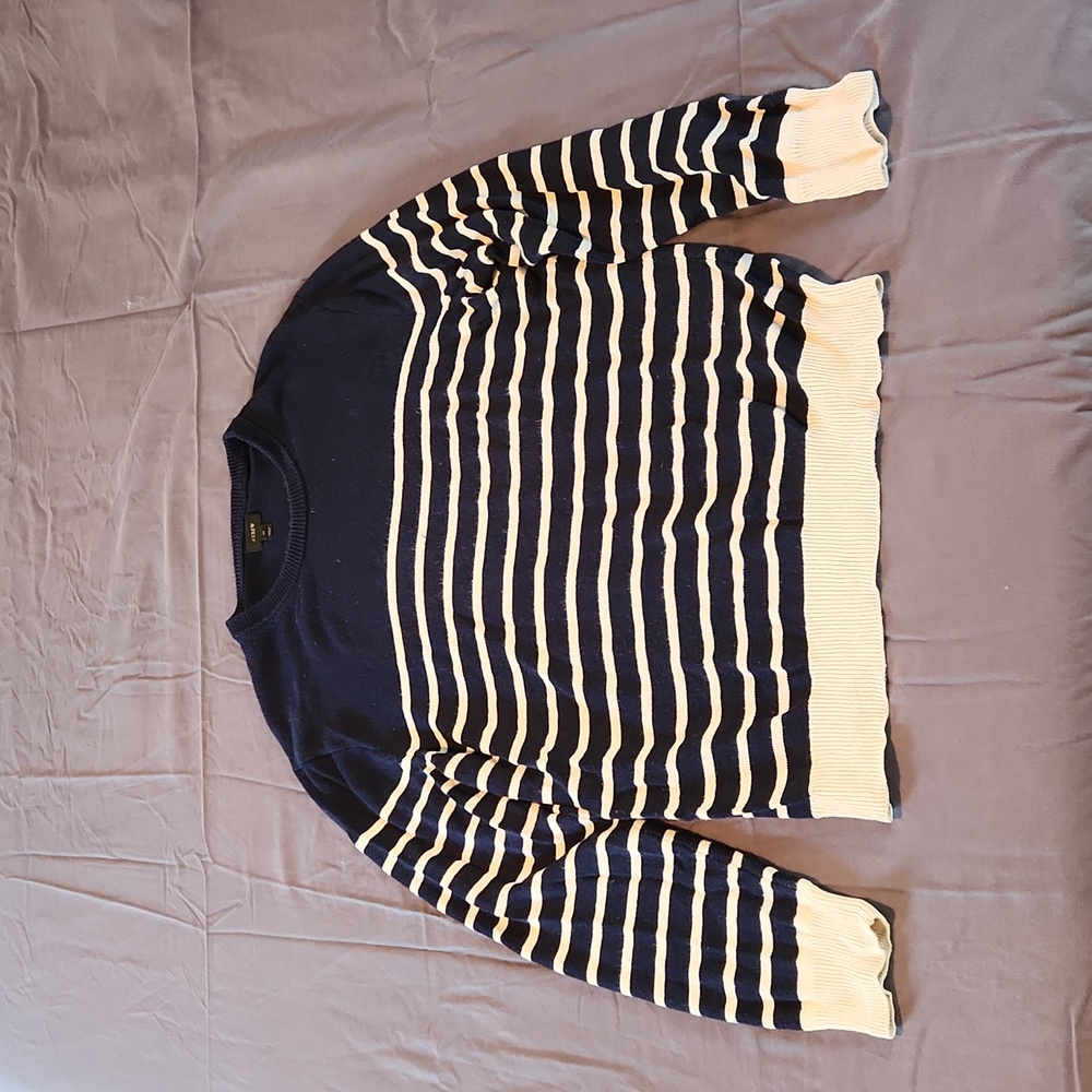 Men's J Crew Cotton Sweater, Navy with Cream Stripe, Size M